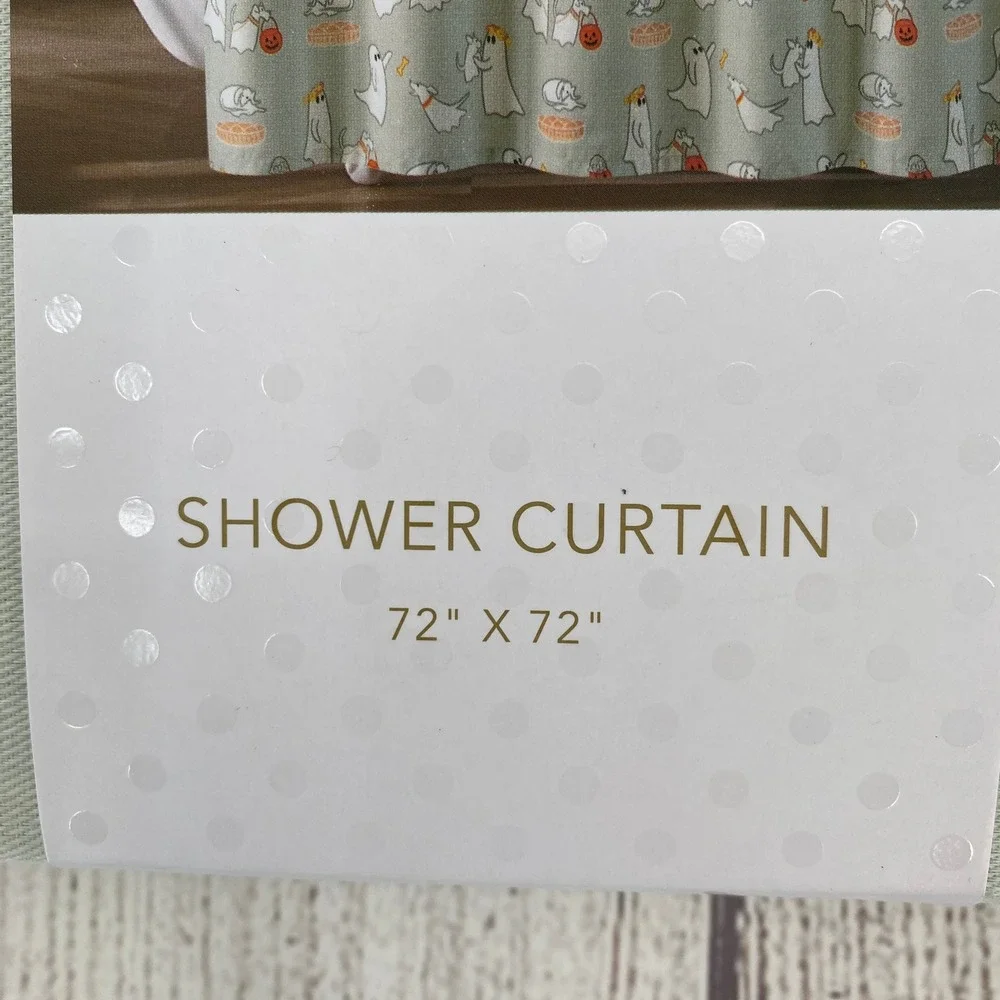 Isaac Mizrahi Shower Curtain Sage Green Halloween Ghost Dog Puppy Spooky Fall